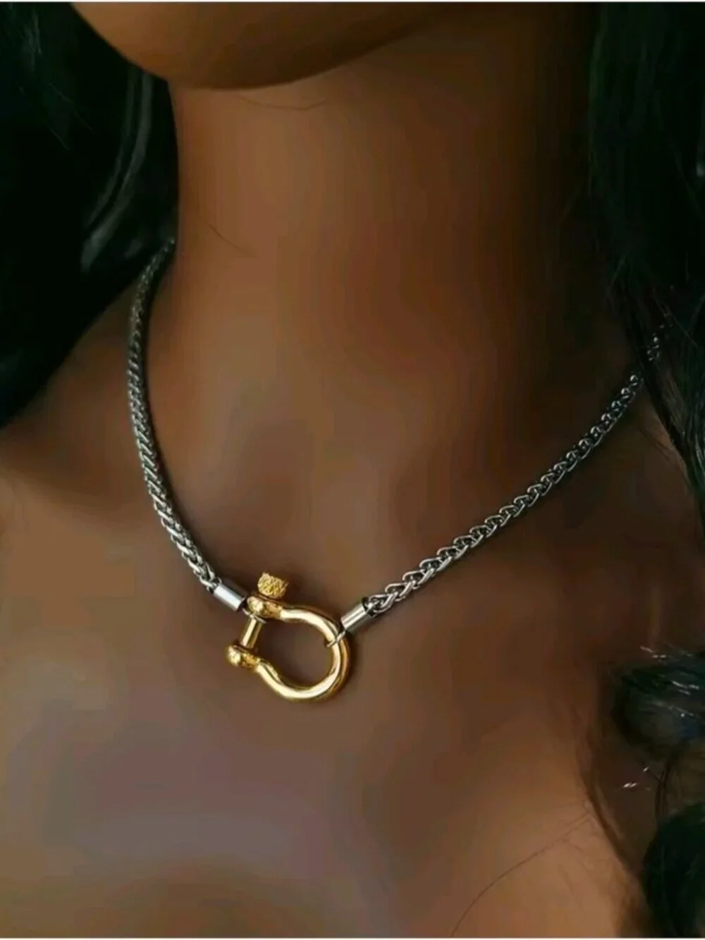 Two-Tone Silver Chain Necklace with Gold Heart Clasp